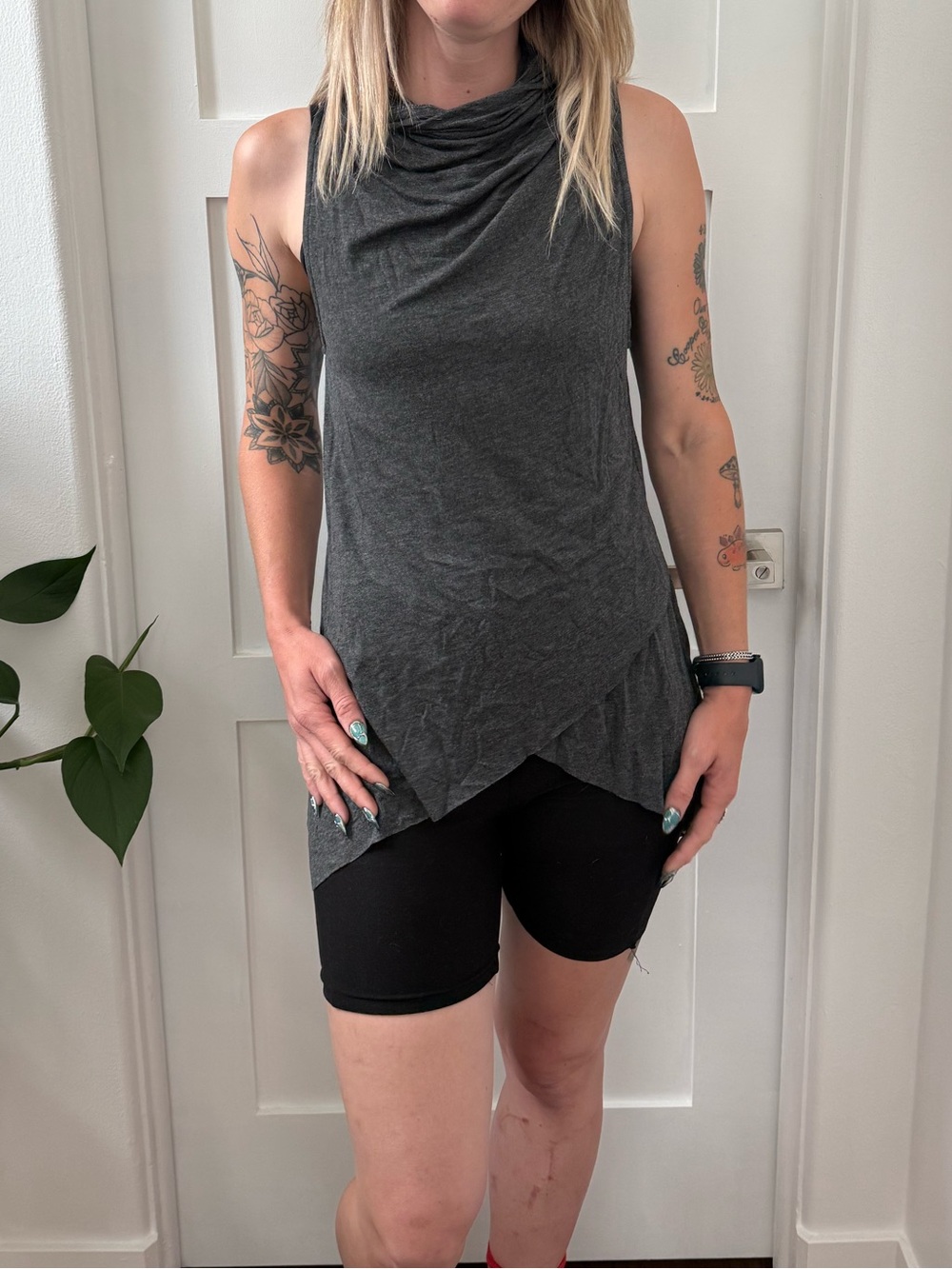 Sleeveless Charcoal Asymmetric Draped Women's Top